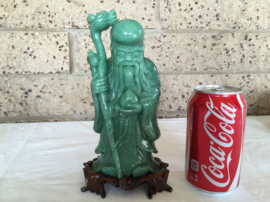 Stunning Nicely Carved JADE Chinese Elder Statue With Custom Carved Wooden Stand [Photo 1]