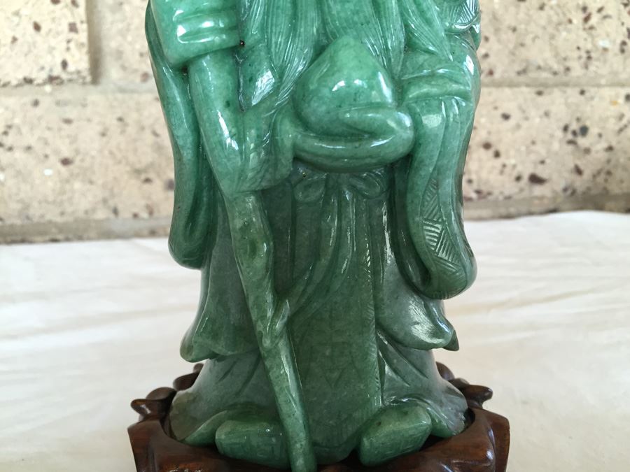 Stunning Nicely Carved JADE Chinese Elder Statue With Custom Carved Wooden Stand [Photo 9]