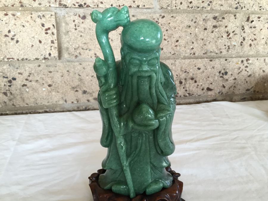 Stunning Nicely Carved JADE Chinese Elder Statue With Custom Carved Wooden Stand [Photo 10]