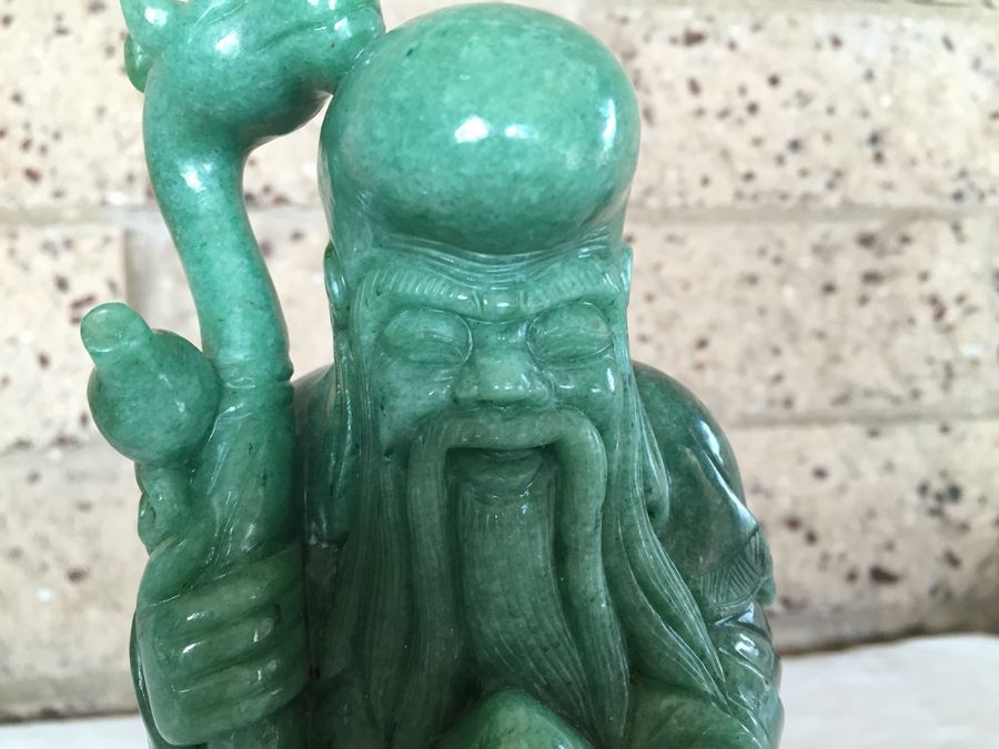 Stunning Nicely Carved JADE Chinese Elder Statue With Custom Carved Wooden Stand [Photo 4]