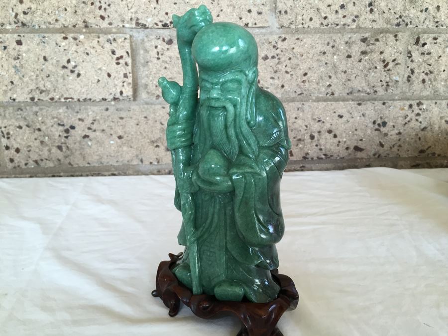Stunning Nicely Carved JADE Chinese Elder Statue With Custom Carved Wooden Stand [Photo 26]
