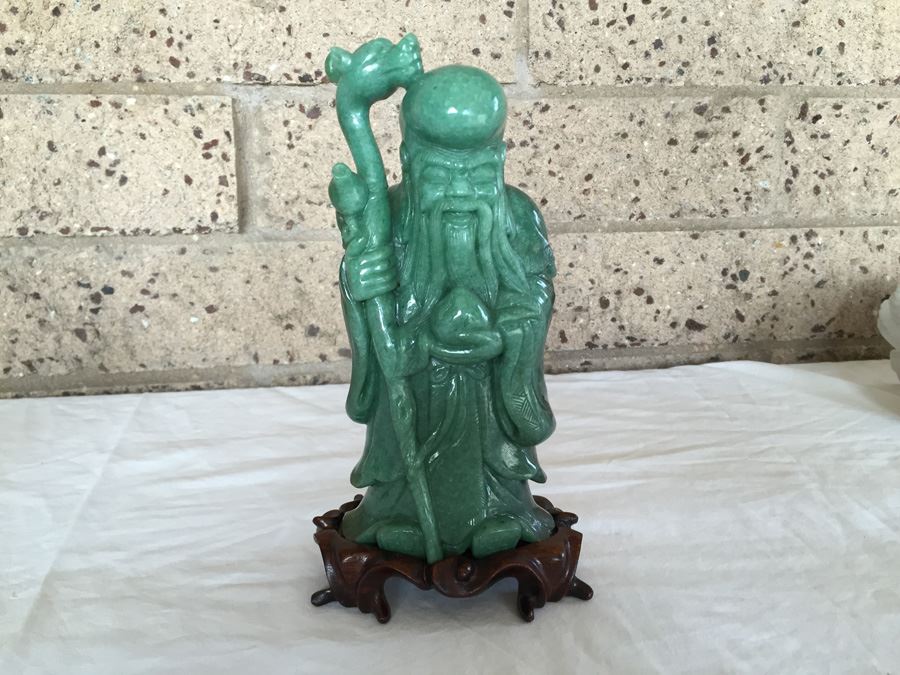 Stunning Nicely Carved JADE Chinese Elder Statue With Custom Carved Wooden Stand [Photo 6]