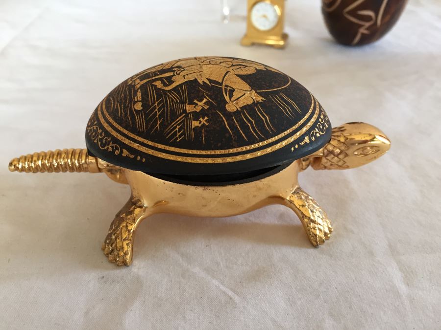 Collectible Lot Includes Pair Of Turtle Desk Bells, Miniature Clock, Egg Carving And Sydney Australia Paperweight Estimate $300+ [Photo 2]