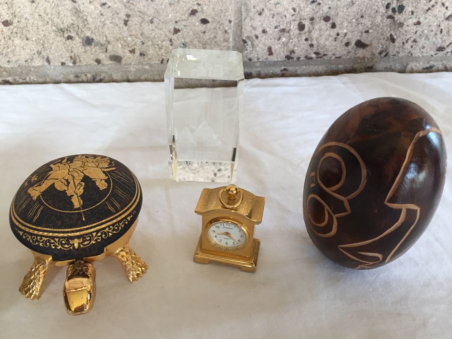 Collectible Lot Includes Pair Of Turtle Desk Bells, Miniature Clock, Egg Carving And Sydney Australia Paperweight Estimate $300+ [Photo 5]