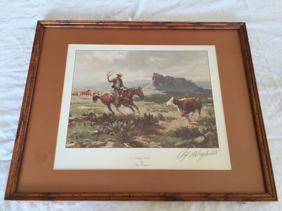 Framed Olaf Wieghorst (1899 - 1988) Hand Signed Print 'Cutting Cattle'