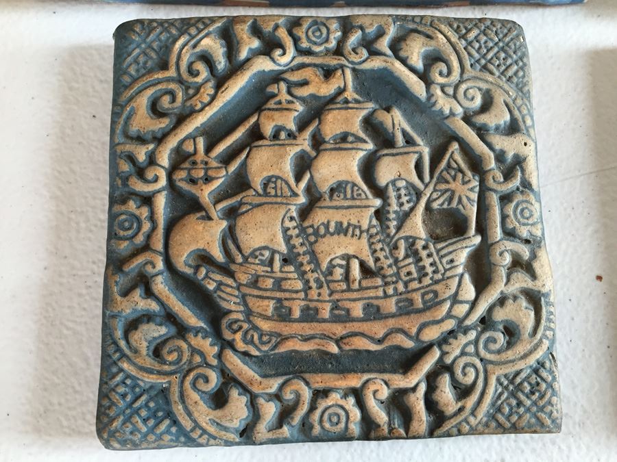 JUST ADDED - Lot Of Moravian Pottery And Tile Works Tiles And Candle Holder Plaque [Photo 12]