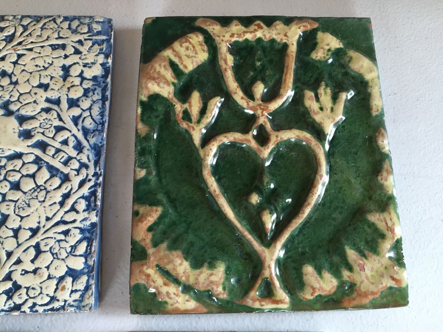 JUST ADDED - Lot Of Moravian Pottery And Tile Works Tiles And Candle Holder Plaque [Photo 5]