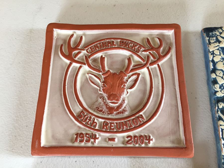 JUST ADDED - Lot Of Moravian Pottery And Tile Works Tiles And Candle Holder Plaque [Photo 8]