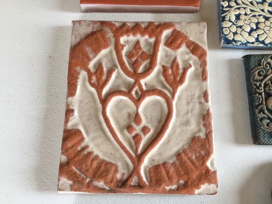 JUST ADDED - Lot Of Moravian Pottery And Tile Works Tiles And Candle Holder Plaque [Photo 10]