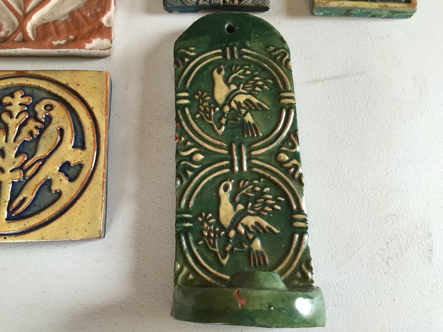 JUST ADDED - Lot Of Moravian Pottery And Tile Works Tiles And Candle Holder Plaque [Photo 3]
