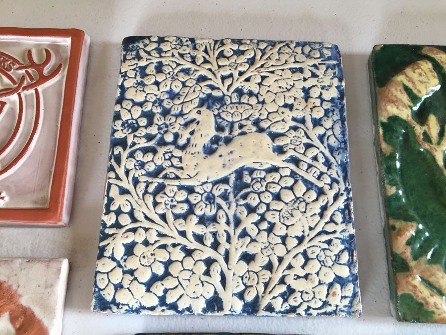 JUST ADDED - Lot Of Moravian Pottery And Tile Works Tiles And Candle Holder Plaque [Photo 2]