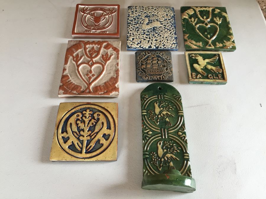 JUST ADDED - Lot Of Moravian Pottery And Tile Works Tiles And Candle Holder Plaque
