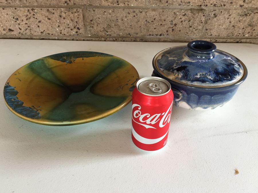 JUST ADDED - Vintage Signed Pottery Plate And Covered Bowl