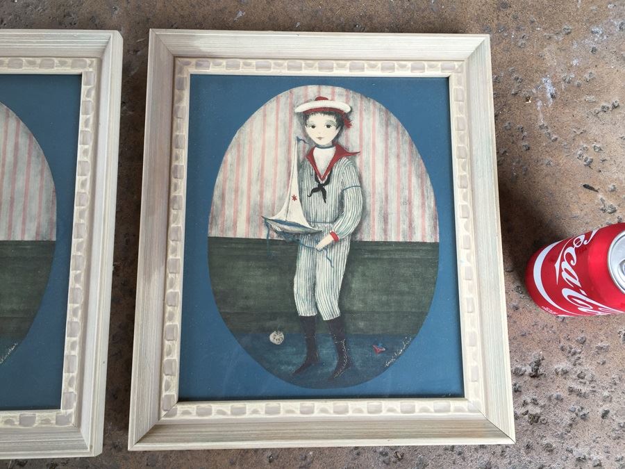 JUST ADDED - Pair Of Vintage Framed Carol Blanchard Prints Sailor Boy And Girl [Photo 2]