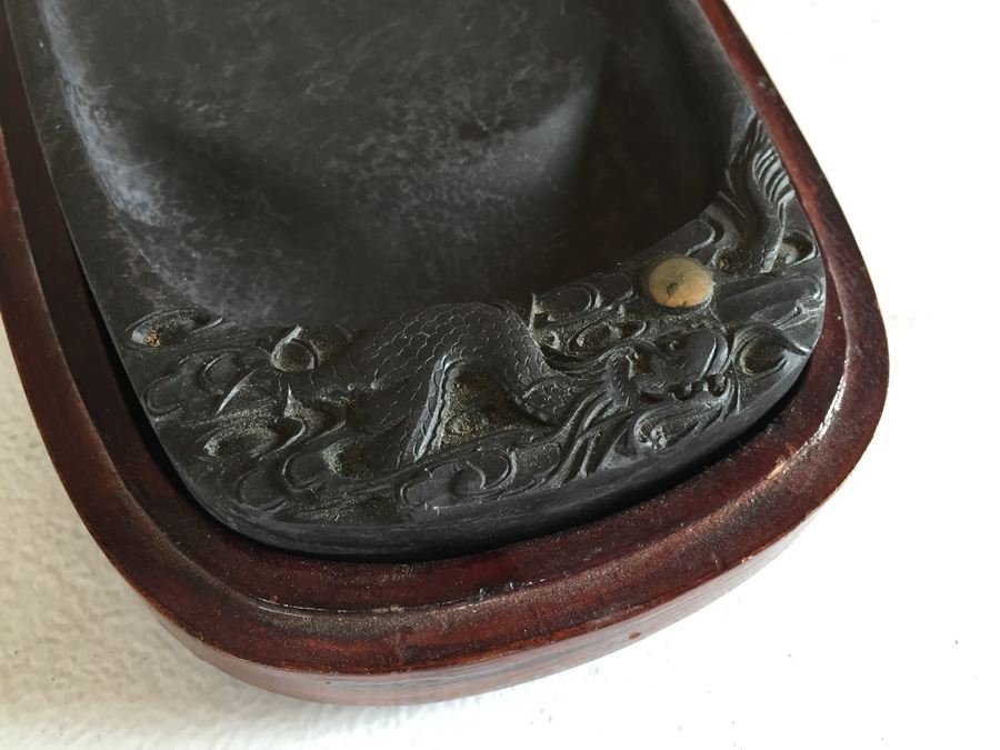 JUST ADDED - Vintage Carved Chinese Calligraphy Ink Stone Inkstone Dragon With Wooden Box [Photo 11]
