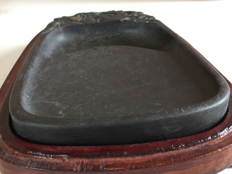 JUST ADDED - Vintage Carved Chinese Calligraphy Ink Stone Inkstone Dragon With Wooden Box [Photo 20]