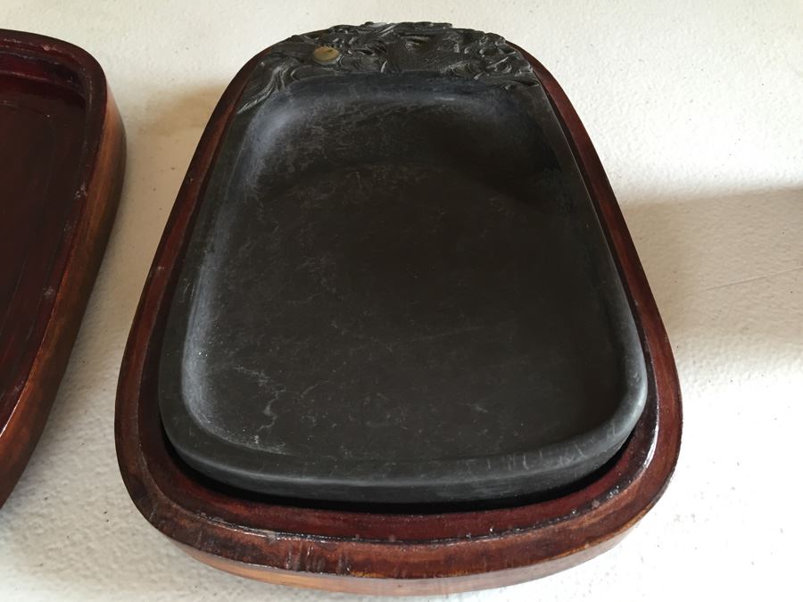 JUST ADDED - Vintage Carved Chinese Calligraphy Ink Stone Inkstone Dragon With Wooden Box [Photo 10]