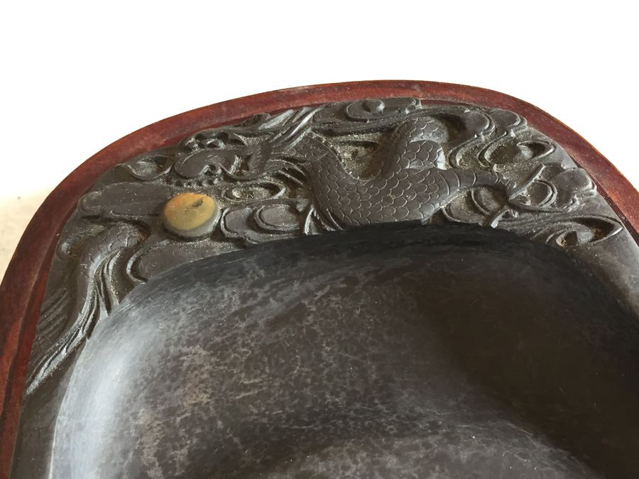 JUST ADDED - Vintage Carved Chinese Calligraphy Ink Stone Inkstone Dragon With Wooden Box [Photo 3]