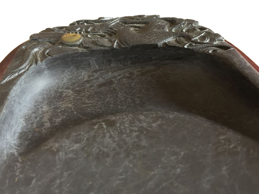JUST ADDED - Vintage Carved Chinese Calligraphy Ink Stone Inkstone Dragon With Wooden Box [Photo 19]