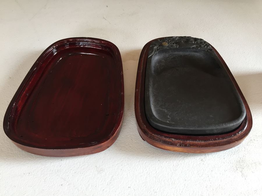 JUST ADDED - Vintage Carved Chinese Calligraphy Ink Stone Inkstone Dragon With Wooden Box [Photo 2]