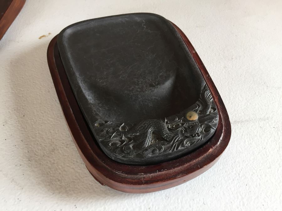 JUST ADDED - Vintage Carved Chinese Calligraphy Ink Stone Inkstone Dragon With Wooden Box [Photo 12]
