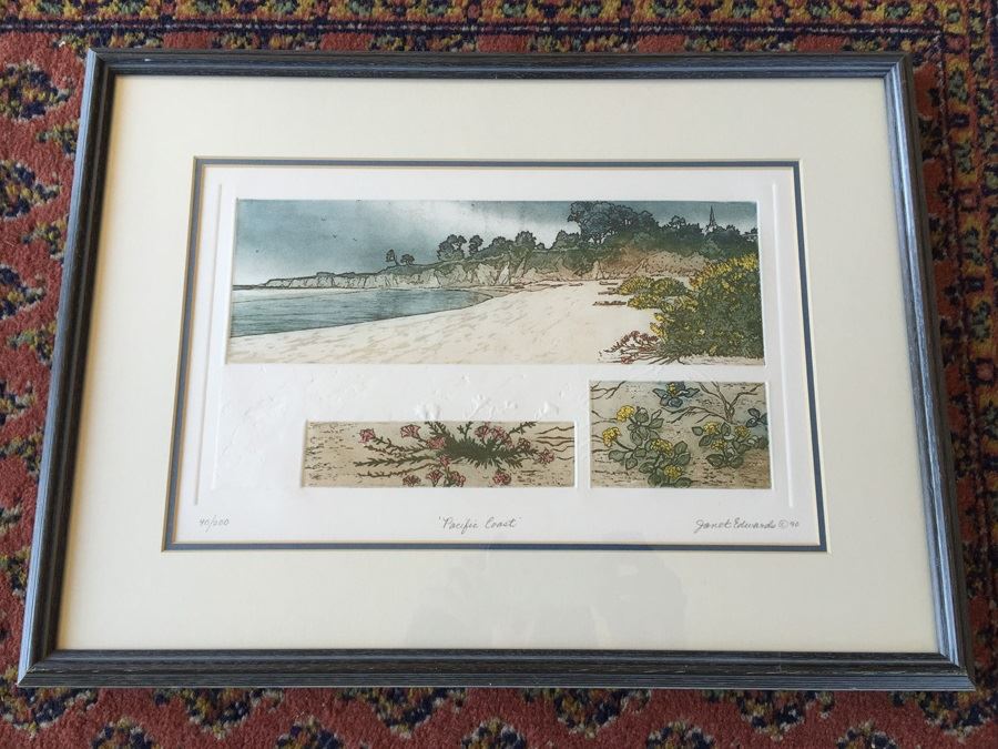 JUST ADDED - Nicely Framed Janet Edwards Etching Of California Pacific Coast Signed Limited Ed. 40/200 Redlands CA Artist