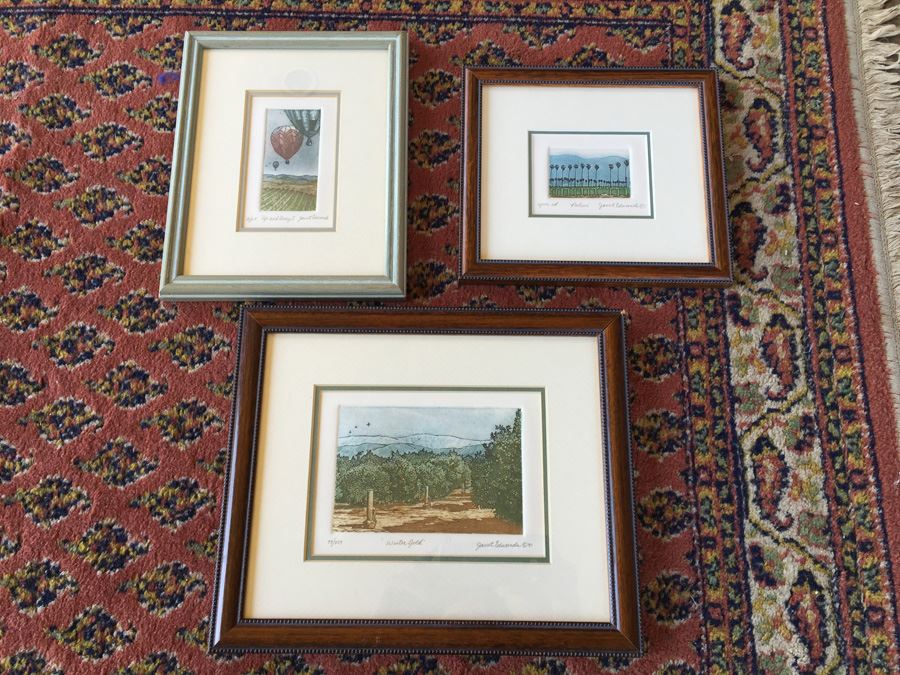 JUST ADDED - Set Of Three Nicely Framed Janet Edwards Etchings Of Scenic California Signed Redlands CA Artist