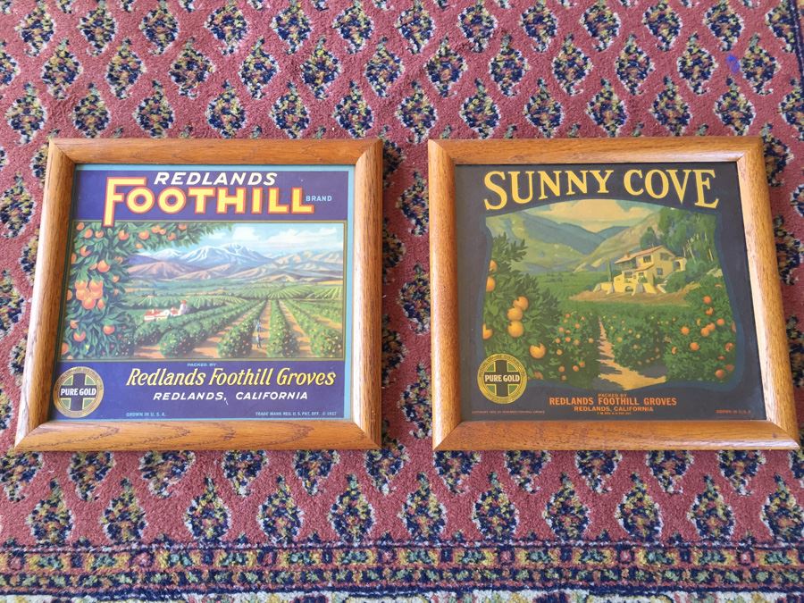 JUST ADDED - Pair Of Framed (Vintage 1927 & 1931) Redlands CA Fruit Labels