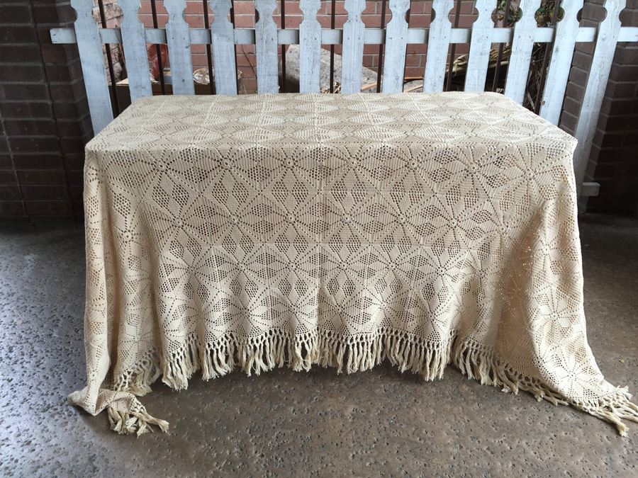 JUST ADDED - Vintage Crochet Tablecloth 78' x 88' With 5' Fringe No Stains