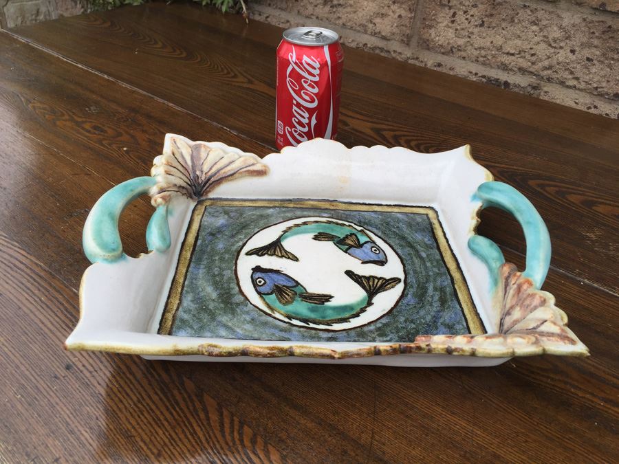 JUST ADDED - Beautiful Pottery Tray Signed And Hand Painted With Fish [Photo 2]