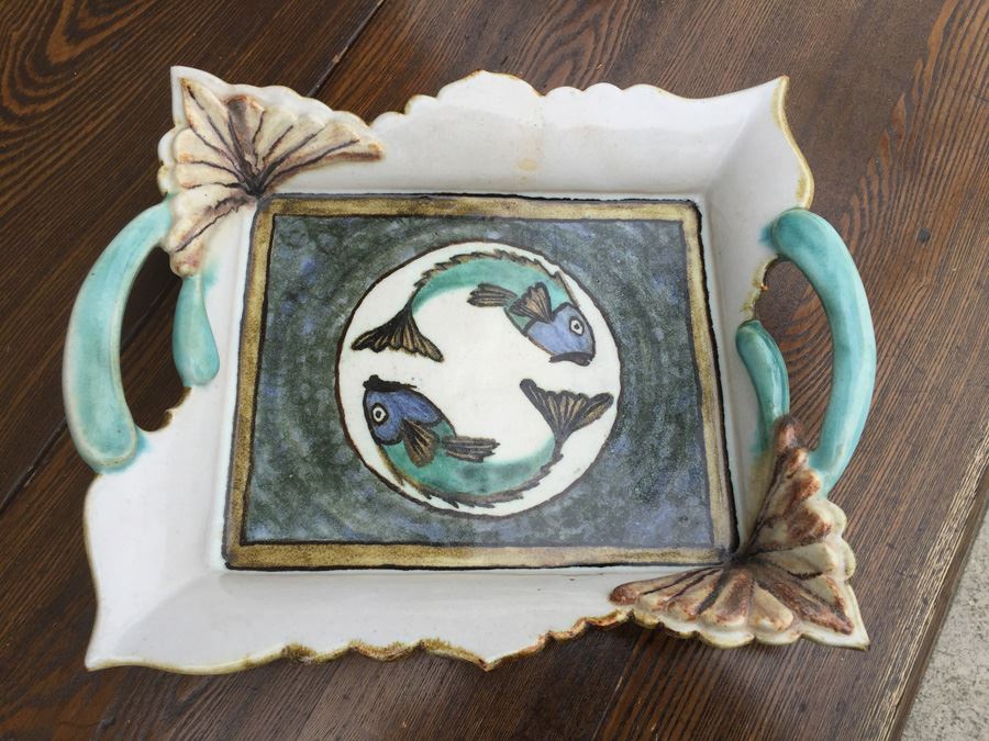 JUST ADDED - Beautiful Pottery Tray Signed And Hand Painted With Fish