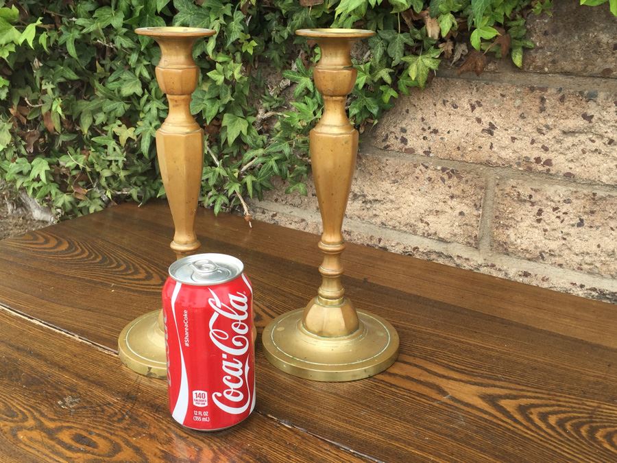 JUST ADDED - Pair Of Heavy Vintage Brass Candle Holders [Photo 1]
