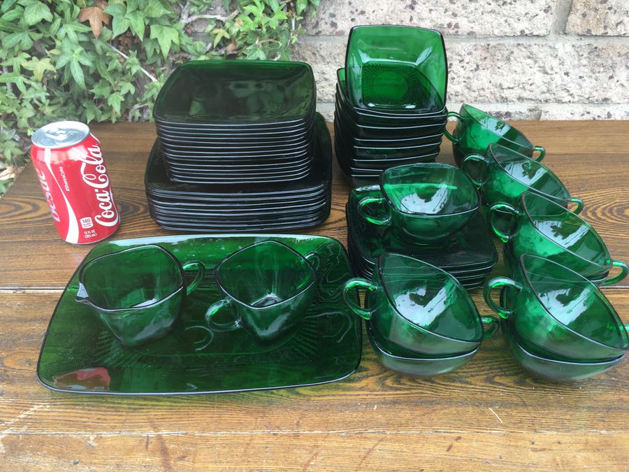 JUST ADDED - Anchor Hocking Charm-Forest Green Service With Luncheon Plates And Cups And Saucers