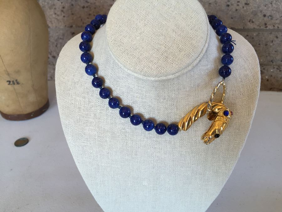 JUST ADDED - Bernard Lapis Lazuli Bead Necklace With Horse Head Clasp