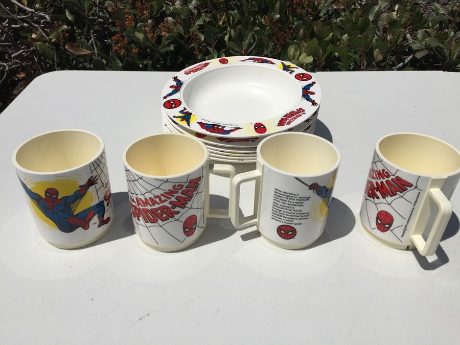 Vintage 1977 Collection Of Marvel Comics The Amazing Spider-Man Bowls And Coffee Cups By Deka Plastics
