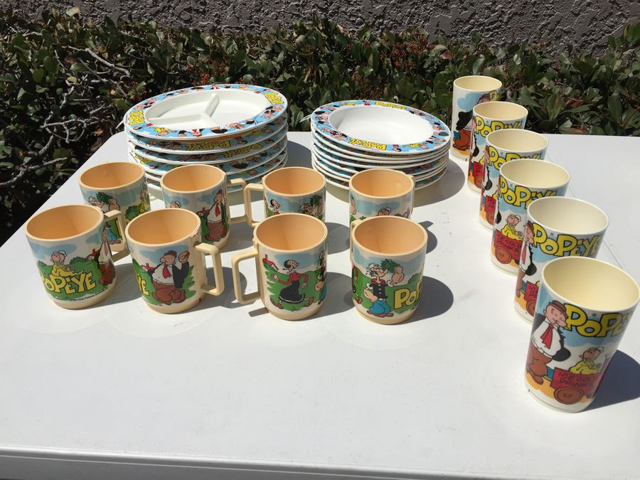 Vintage 1979 Collection Of Popeye Coffee Cups, Cups, Bowls And Plates By Deka Plastics
