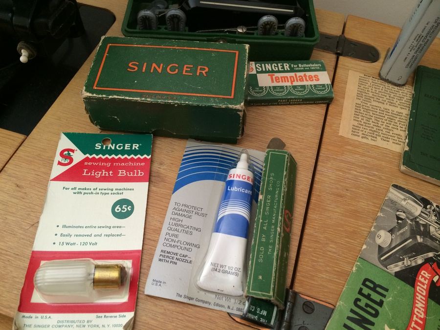 Vintage Singer 201-2 Sewing Machine w/ Cabinet, Manual, and Lot of Sewing Materials [Photo 10]