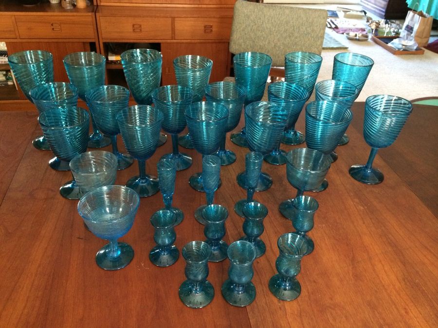 Hand Blown Blue Mexican Stemware Glass Lot