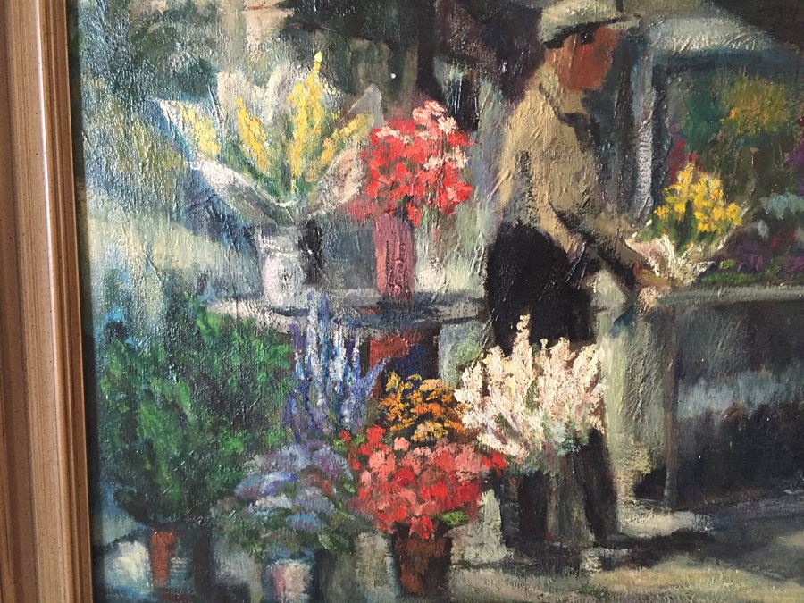 Original Mid-Century Oil Painting Of Street Merchant Selling Flowers In San Francisco By E. Sullivan [Photo 7]
