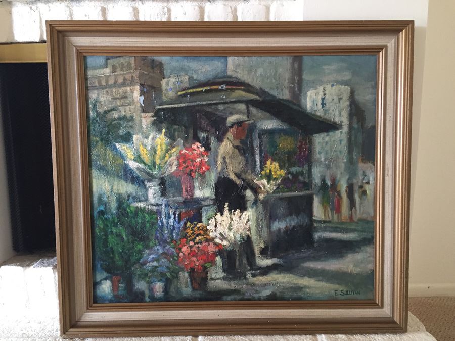 Original Mid-Century Oil Painting Of Street Merchant Selling Flowers In San Francisco By E. Sullivan