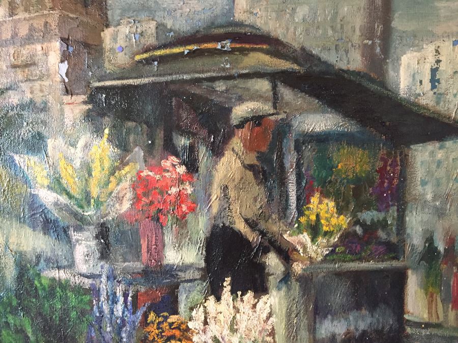 Original Mid-Century Oil Painting Of Street Merchant Selling Flowers In San Francisco By E. Sullivan [Photo 2]