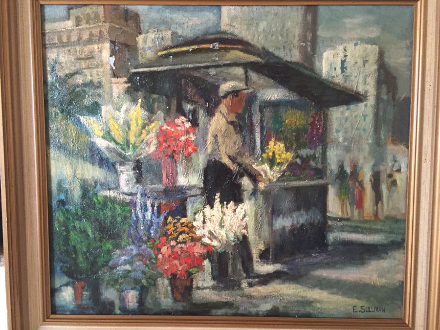 Original Mid-Century Oil Painting Of Street Merchant Selling Flowers In San Francisco By E. Sullivan [Photo 4]