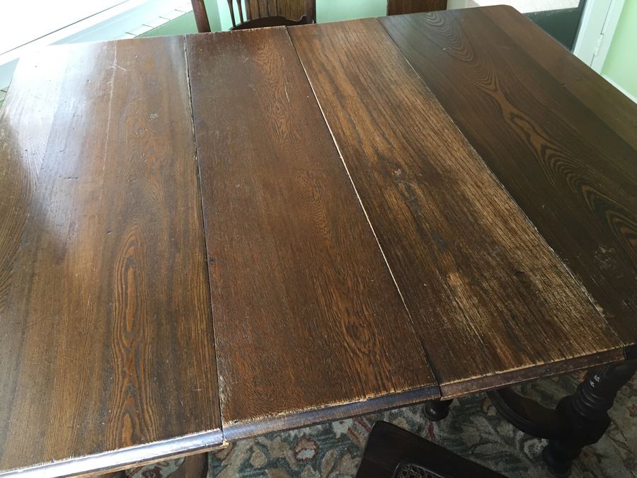 Antique Oak Dining Table With Four Leaves And Two Cane Chairs [Photo 8]