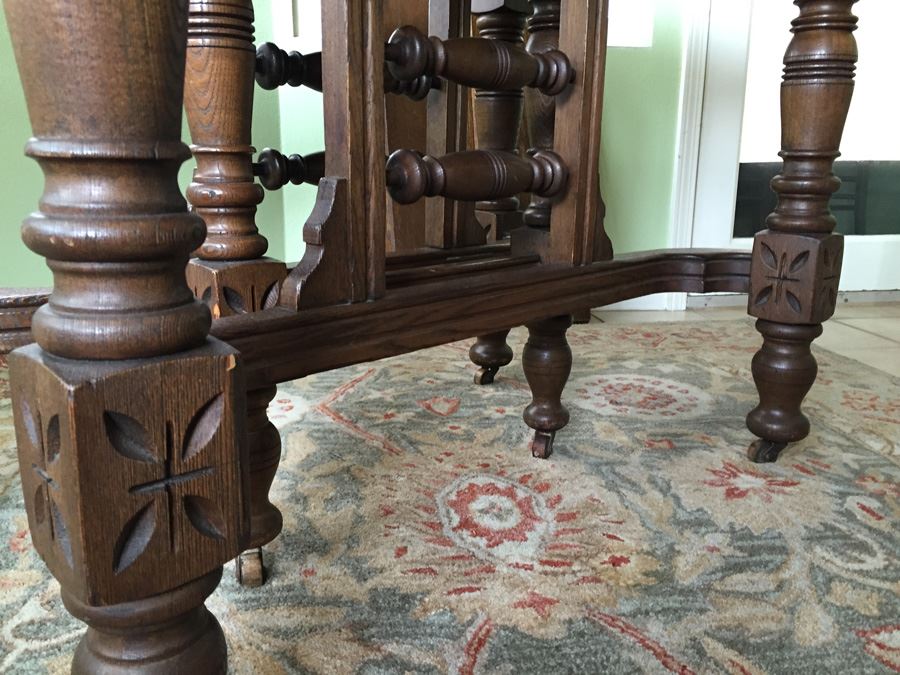 Antique Oak Dining Table With Four Leaves And Two Cane Chairs [Photo 29]