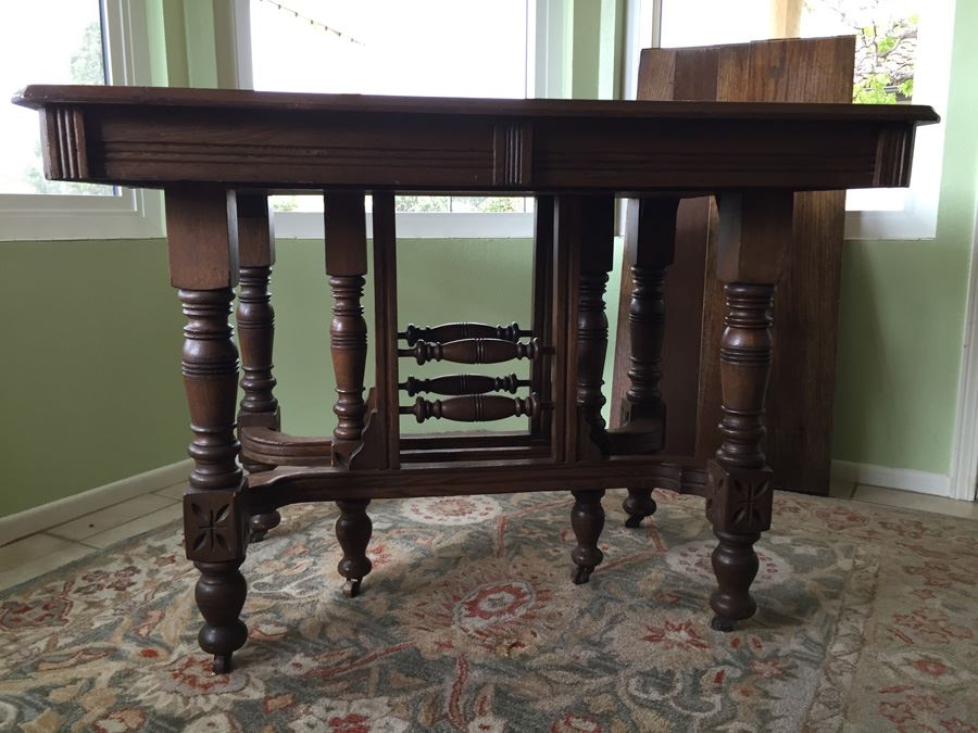 Antique Oak Dining Table With Four Leaves And Two Cane Chairs [Photo 25]
