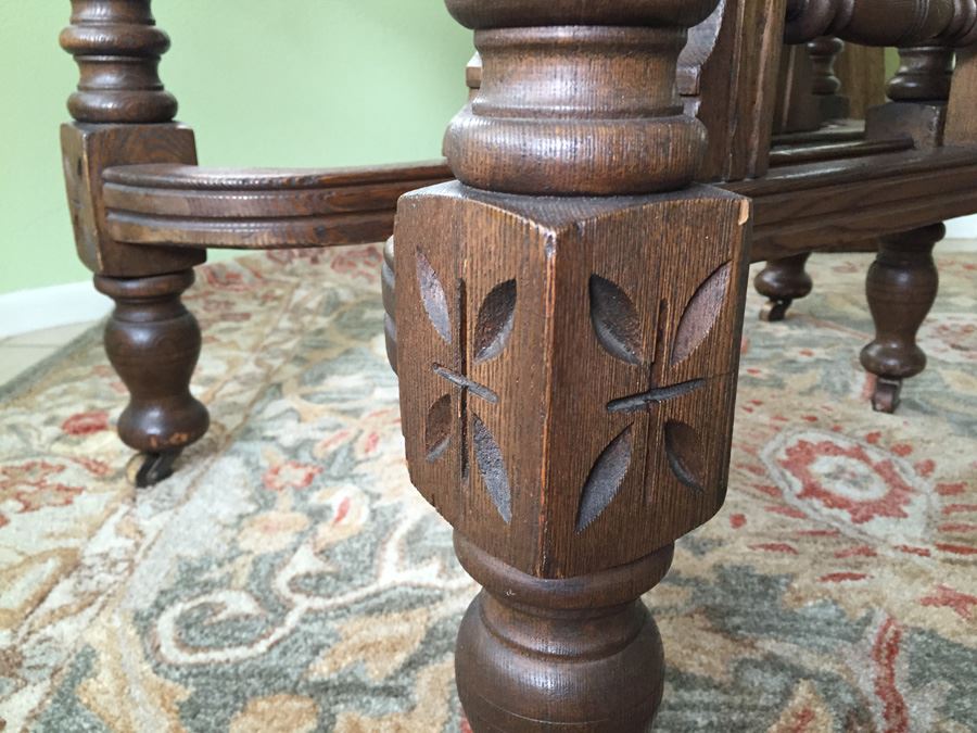 Antique Oak Dining Table With Four Leaves And Two Cane Chairs [Photo 28]