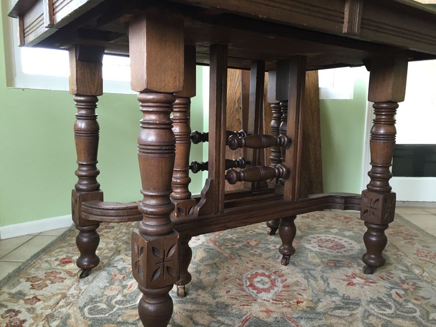 Antique Oak Dining Table With Four Leaves And Two Cane Chairs [Photo 2]