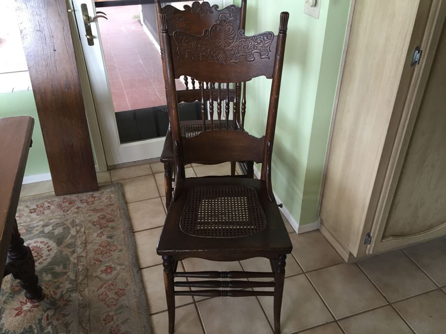 Antique Oak Dining Table With Four Leaves And Two Cane Chairs [Photo 19]