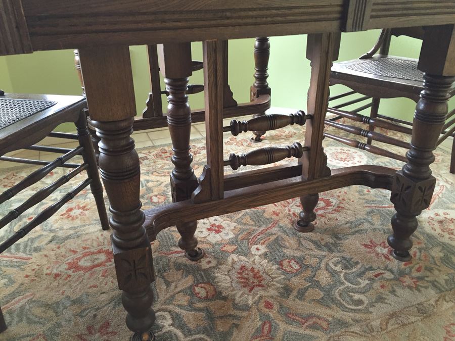 Antique Oak Dining Table With Four Leaves And Two Cane Chairs [Photo 5]
