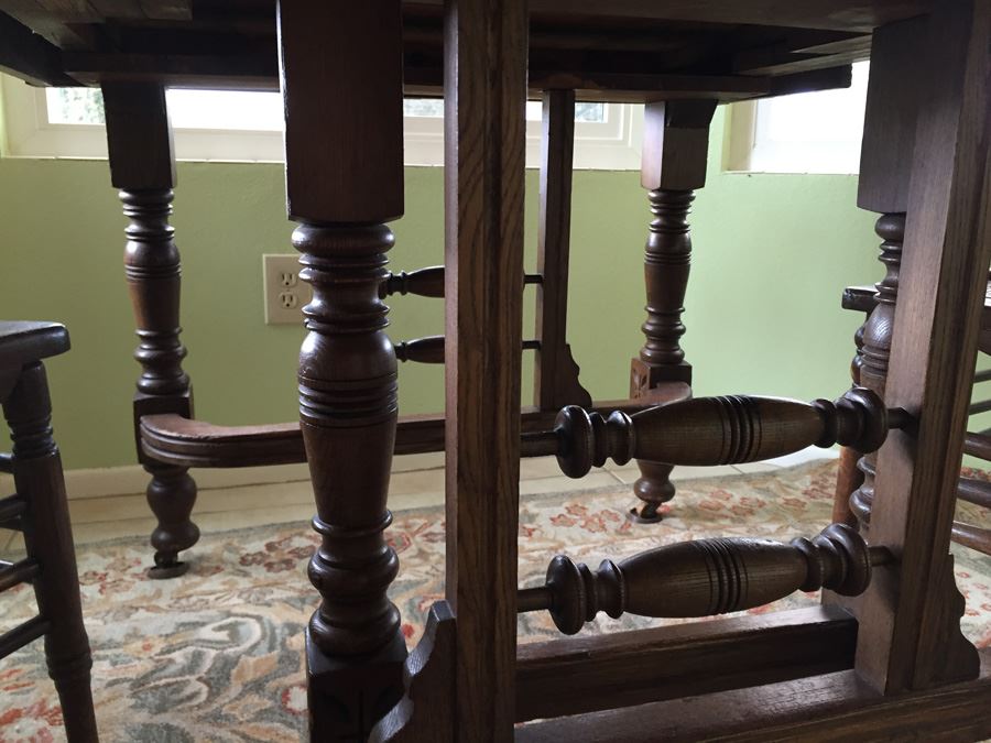 Antique Oak Dining Table With Four Leaves And Two Cane Chairs [Photo 7]